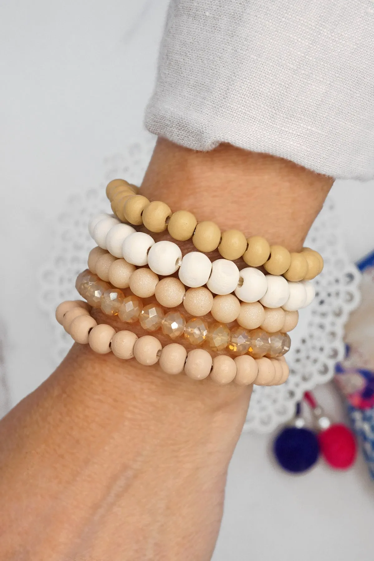 Wood glass basic bracelets stack beaded bracelet set